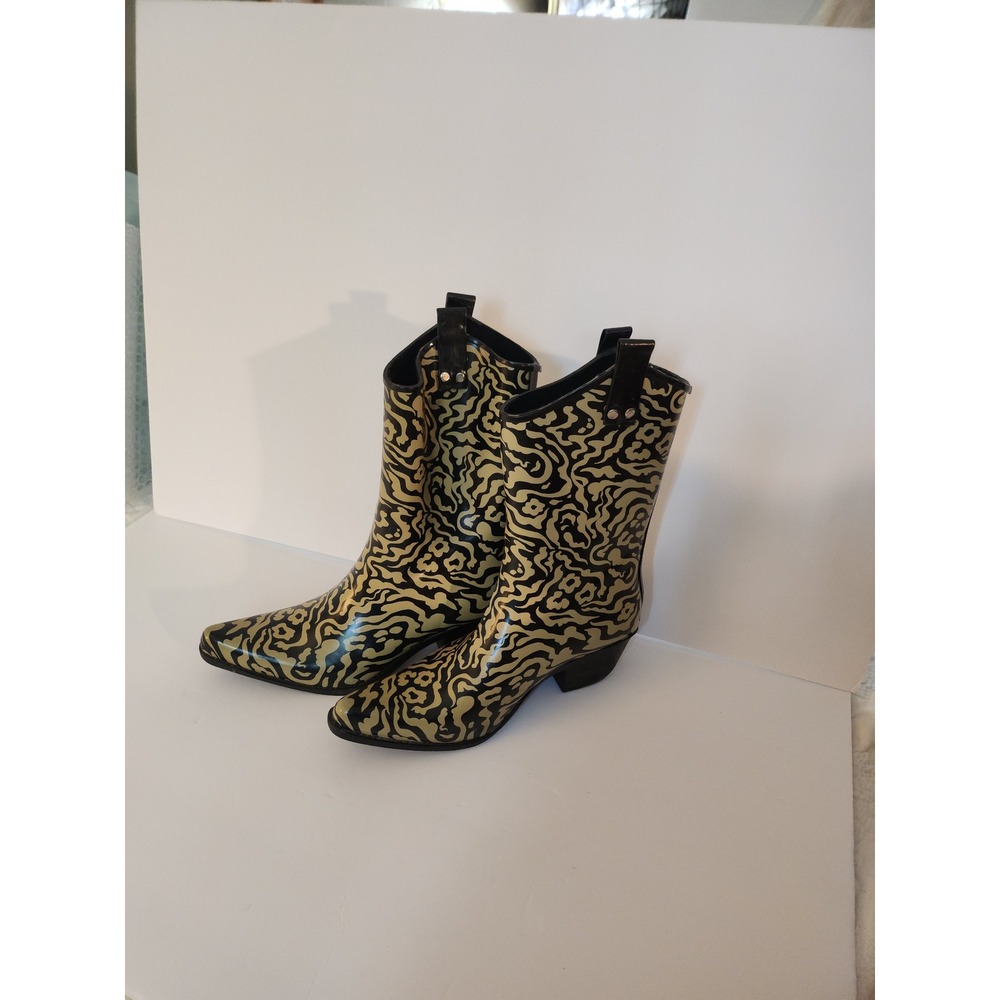 Nomad Yippy Western Style Rain Boots Black Tan Abstract Pointed Toe  Size 10